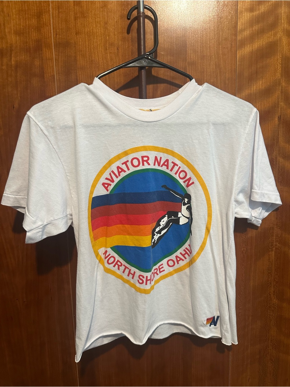 Aviator Nation White Tee with Multi-Color Surf Badge- North Shore